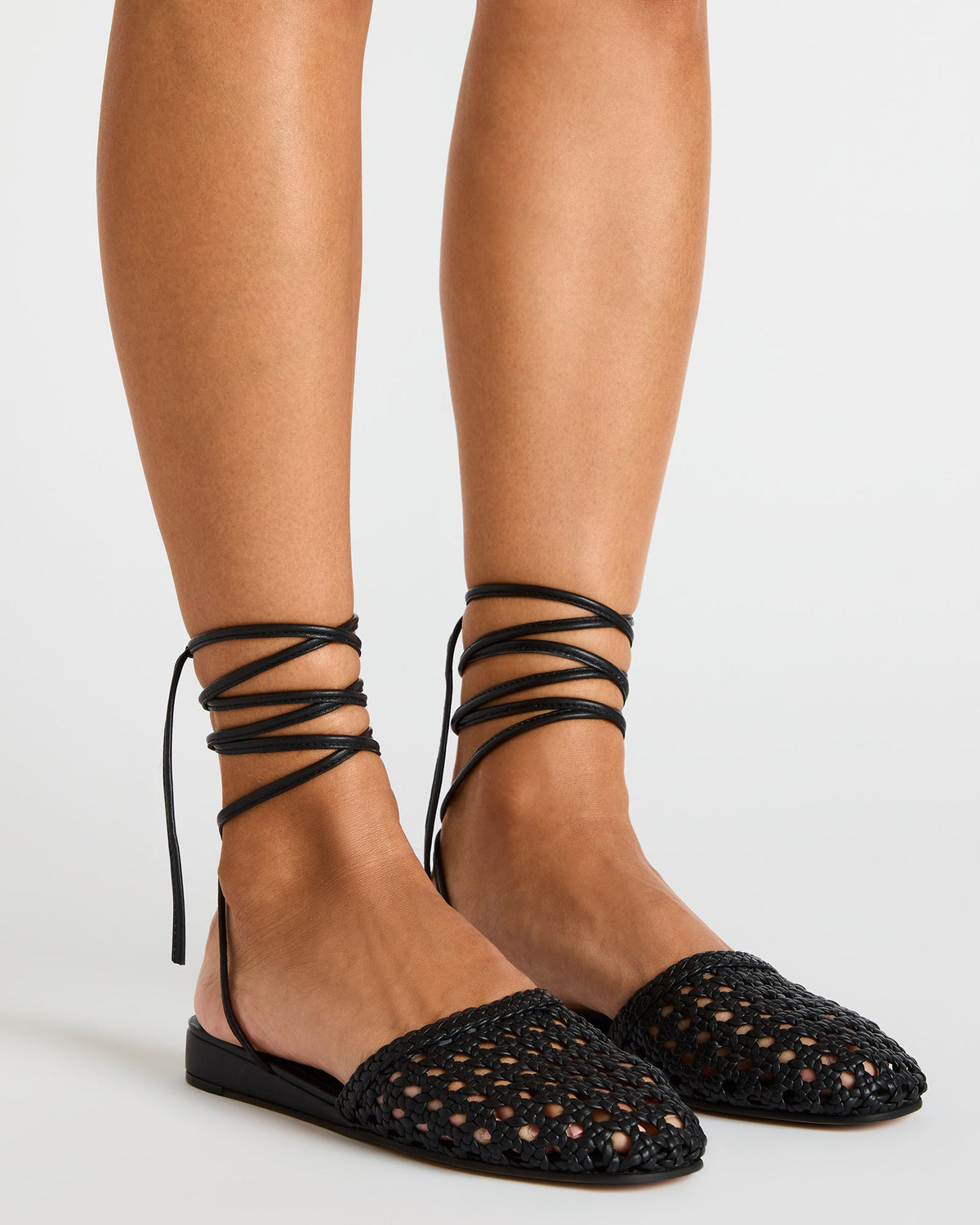 FLUTTER Black Leather Woven Mule Leg-Ties Strappy Women's Flat - Steve Madden
