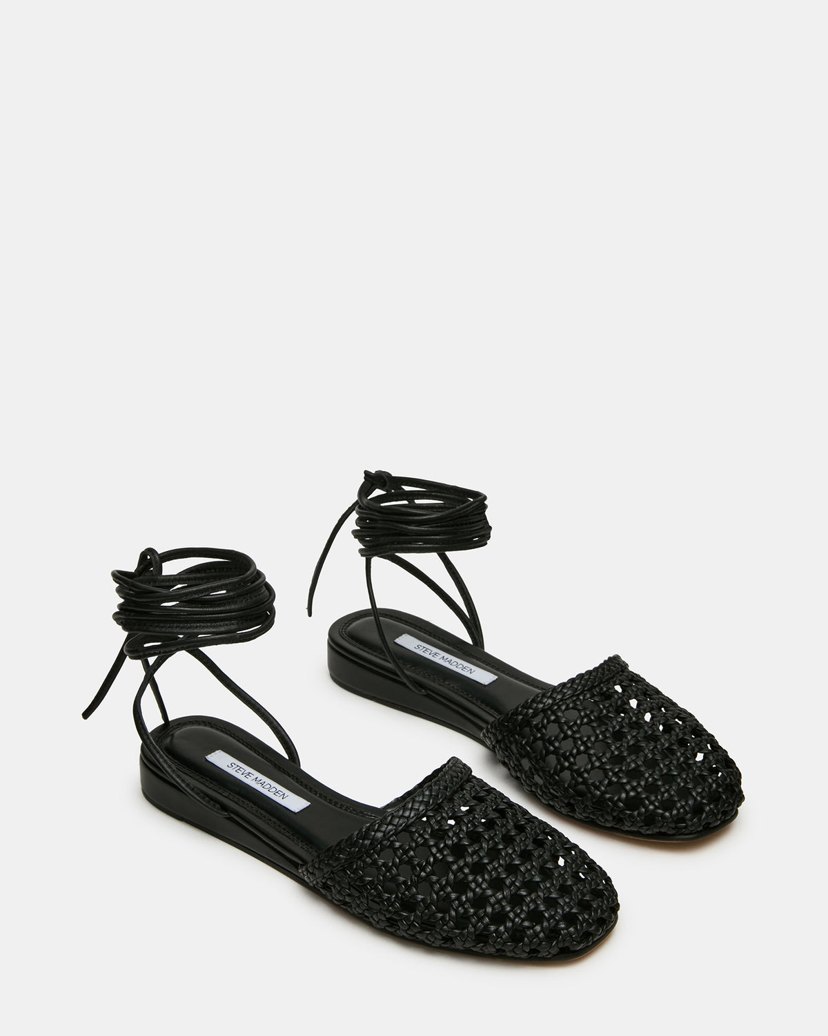 FLUTTER Black Leather Woven Mule Leg-Ties Strappy Women's Flat - Steve Madden