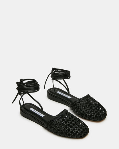 FLUTTER Black Leather Woven Mule Leg-Ties Strappy Women's Flat - Steve Madden