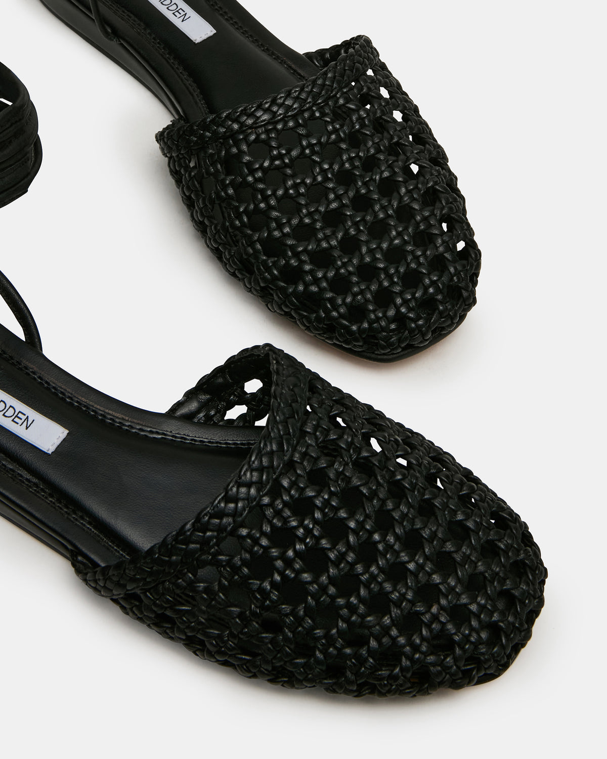 FLUTTER Black Leather Woven Mule Leg-Ties Strappy Women's Flat - Steve Madden
