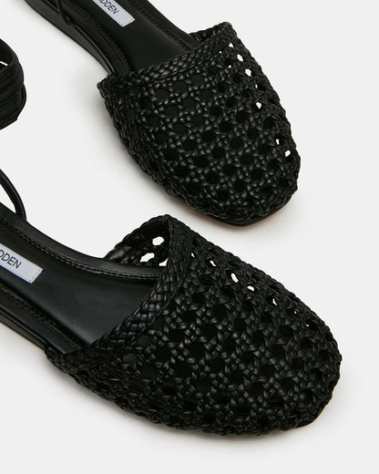 FLUTTER Black Leather Woven Mule Leg-Ties Strappy Women's Flat - Steve Madden