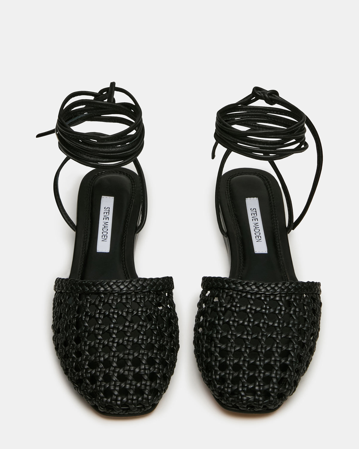 FLUTTER Black Leather Woven Mule Leg-Ties Strappy Women's Flat - Steve Madden