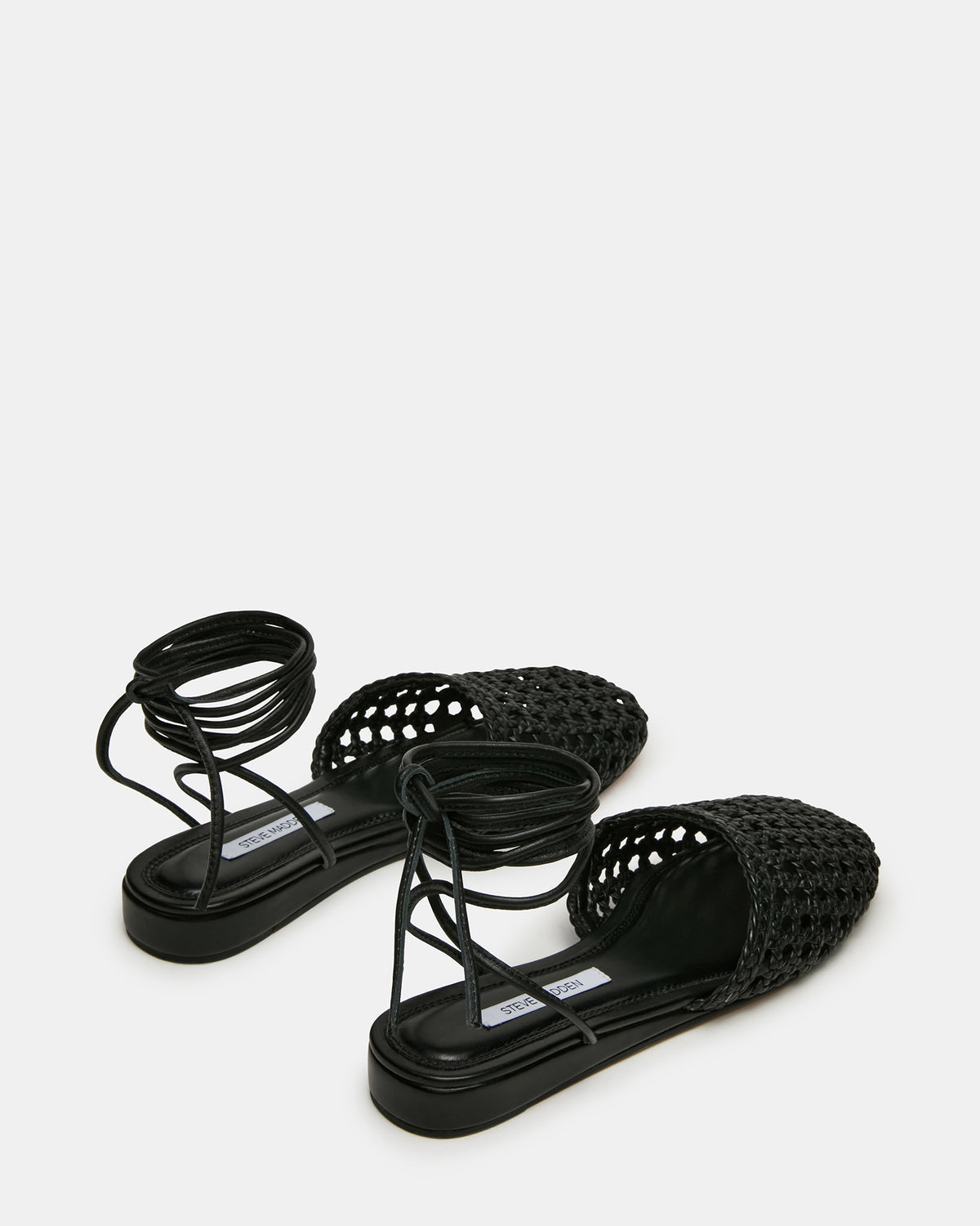 FLUTTER Black Leather Woven Mule Leg-Ties Strappy Women's Flat - Steve Madden