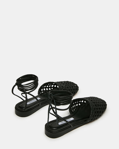 FLUTTER Black Leather Woven Mule Leg-Ties Strappy Women's Flat - Steve Madden