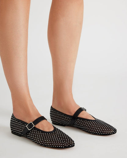 DREAMING Black Mesh Rhinestone Mary Jane | Women's Flats - Steve Madden