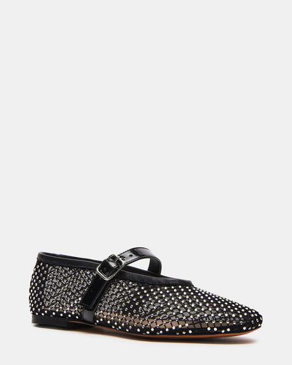 DREAMING Black Mesh Rhinestone Mary Jane | Women's Flats - Steve Madden