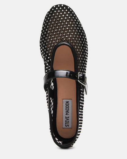 DREAMING Black Mesh Rhinestone Mary Jane | Women's Flats - Steve Madden