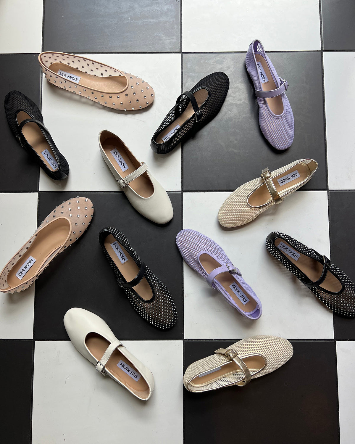DREAMING Black Mesh Rhinestone Mary Jane | Women's Flats - Steve Madden