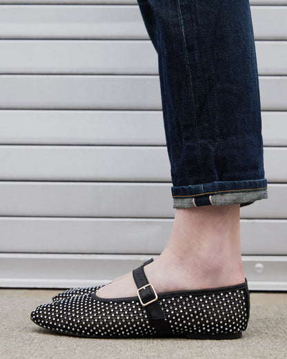 DREAMING Black Mesh Rhinestone Mary Jane | Women's Flats - Steve Madden