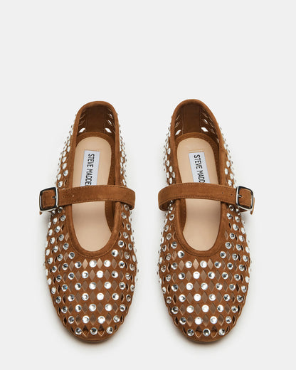 DREAMING Chestnut Suede Rhinestones Women's Mary Jane Flats - Steve Madden