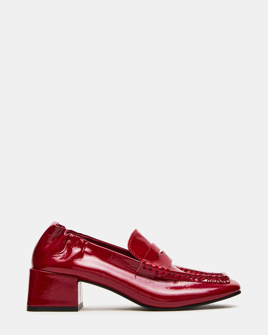 ESTEE Red Crinkle Patent Square-Toe Heeled Women's Loafer - Steve Madden