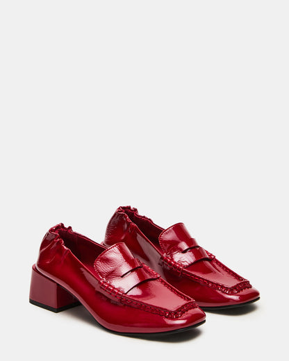 ESTEE Red Crinkle Patent Square-Toe Heeled Women's Loafer - Steve Madden