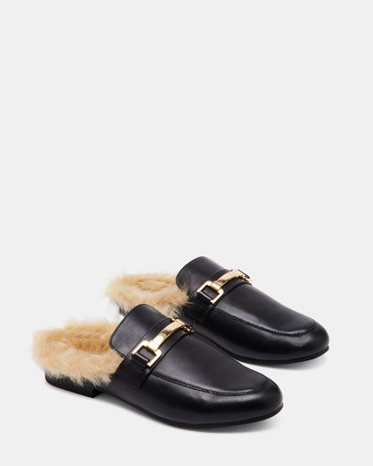 KHLOE Black Leather Women's Faux Fur Mule - Steve Madden