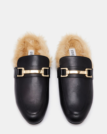 KHLOE Black Leather Women's Faux Fur Mule - Steve Madden