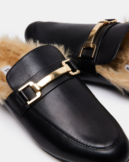 KHLOE Black Leather Women's Faux Fur Mule - Steve Madden