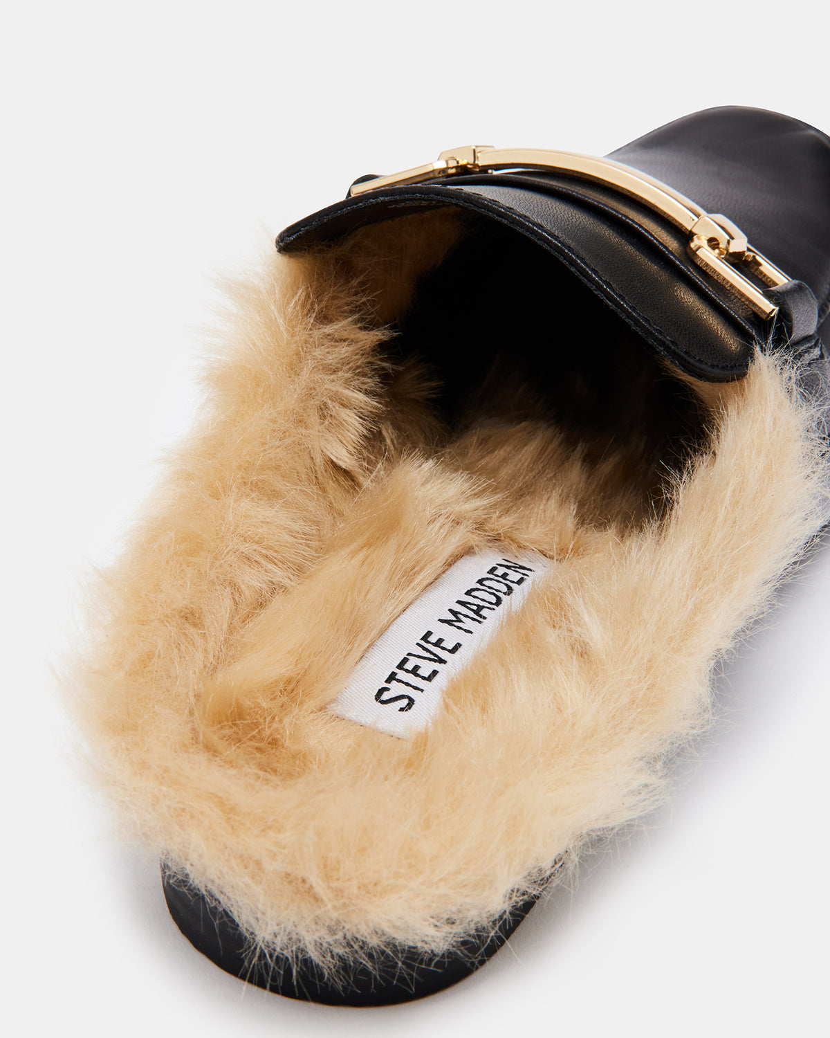 KHLOE Black Leather Women's Faux Fur Mule - Steve Madden