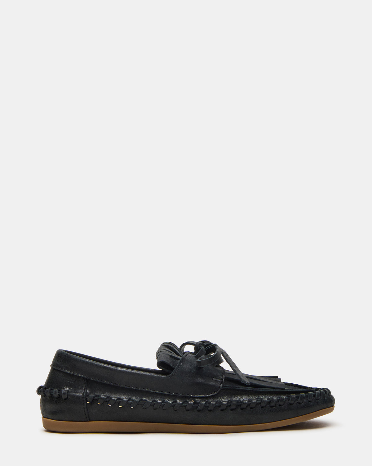 SAMUAL Black Distressed Fringe Boat Women's Loafer - Steve Madden