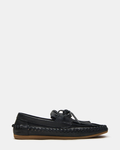 SAMUAL Black Distressed Fringe Boat Women's Loafer - Steve Madden