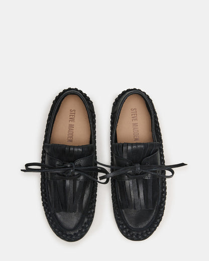 SAMUAL Black Distressed Fringe Boat Women's Loafer - Steve Madden