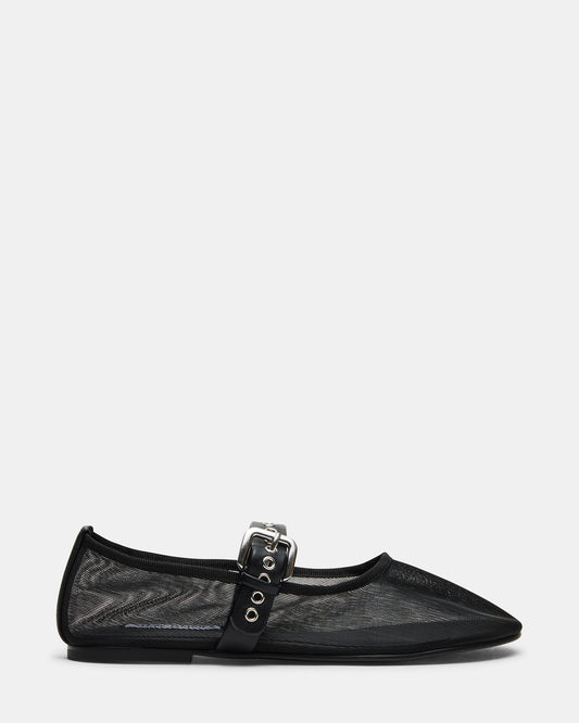 MITSY Black/Black Mary Jane Mesh Ballet Women's Flat - Steve Madden