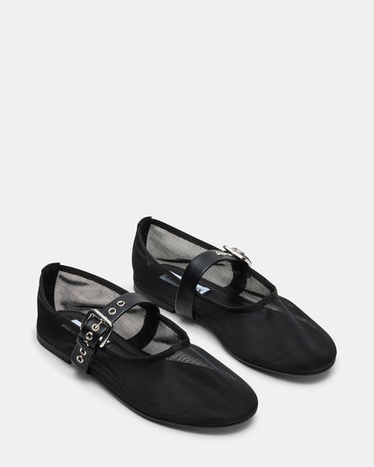 MITSY Black/Black Mary Jane Mesh Ballet Women's Flat - Steve Madden