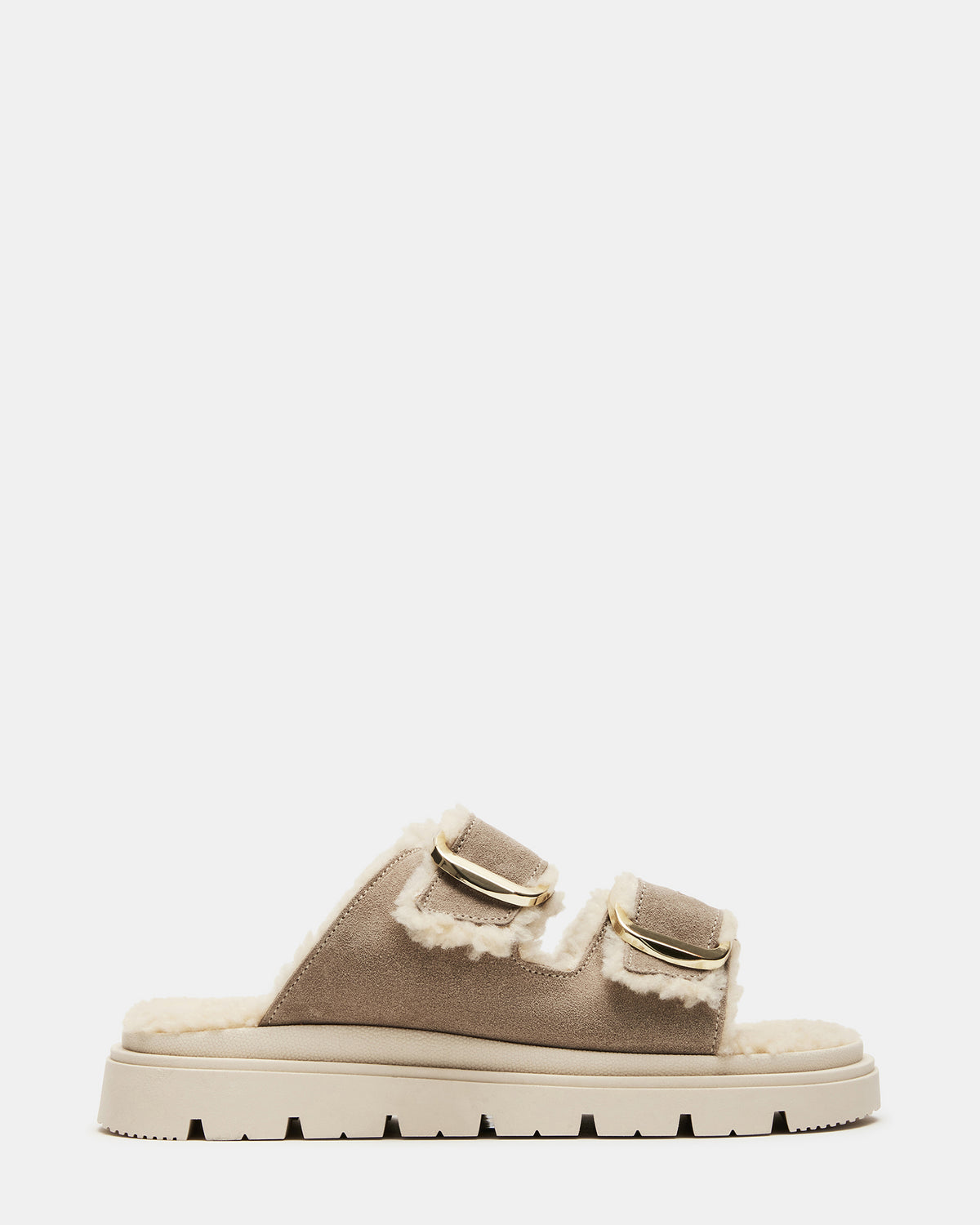 SNUGGLE Sand Suede Faux Fur Slide | Women's Flats - Steve Madden