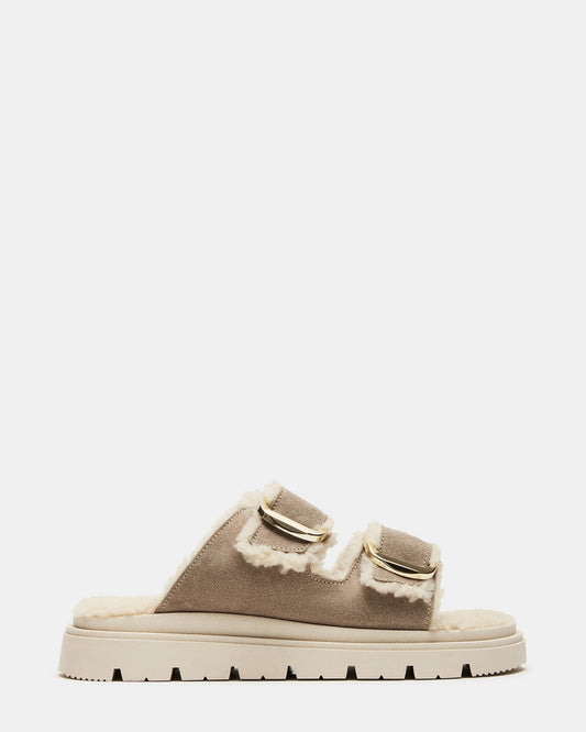 SNUGGLE Sand Suede Faux Fur Slide | Women's Flats - Steve Madden