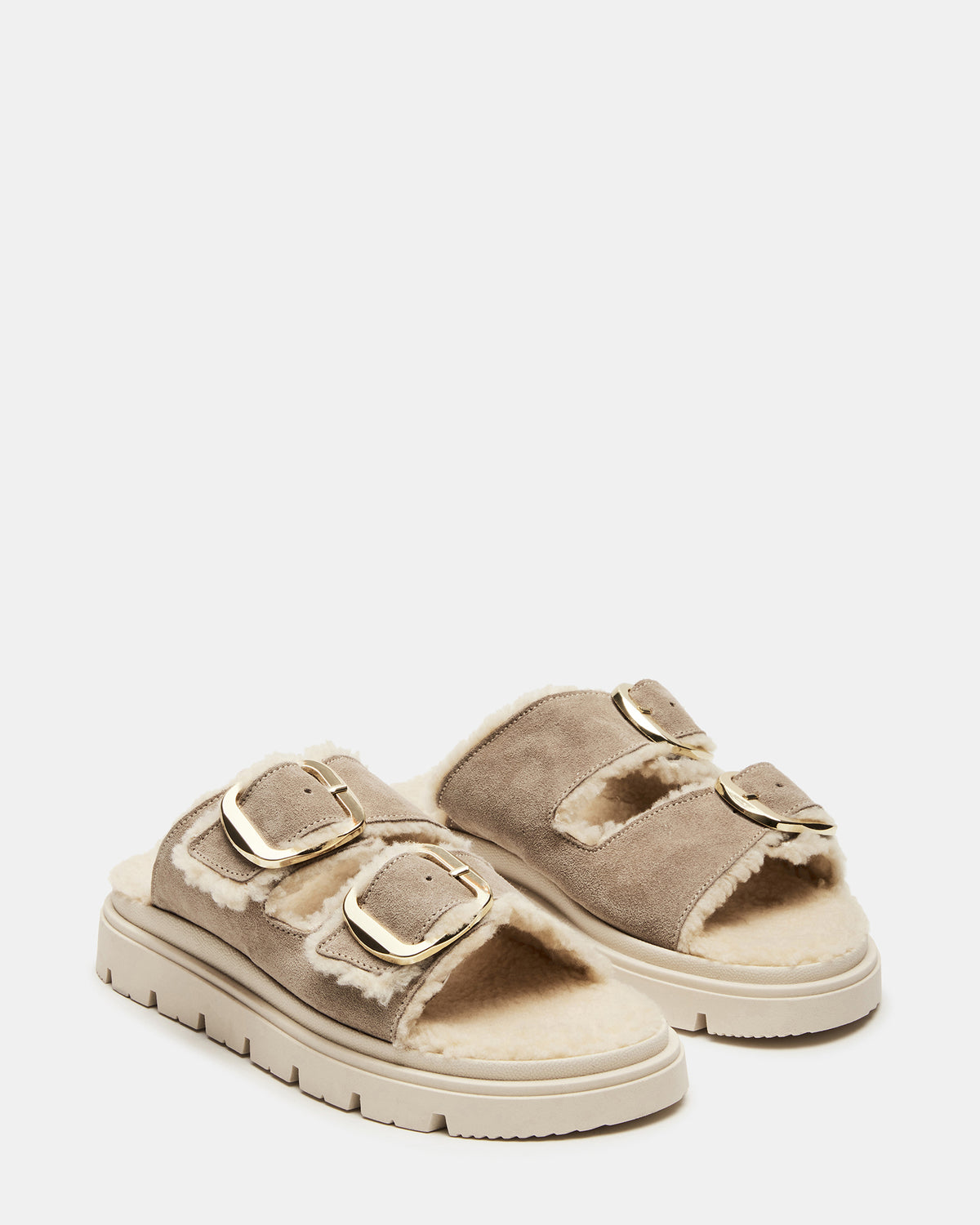 SNUGGLE Sand Suede Faux Fur Slide | Women's Flats - Steve Madden