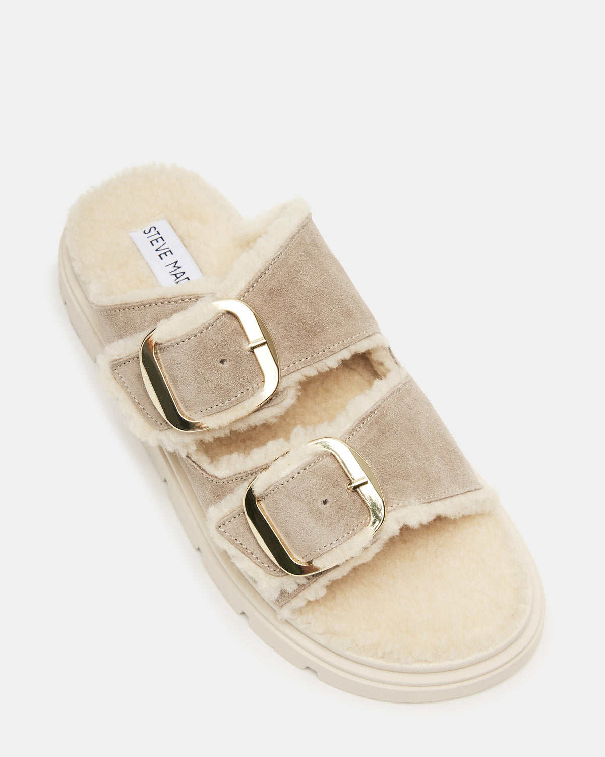 SNUGGLE Sand Suede Faux Fur Slide | Women's Flats - Steve Madden