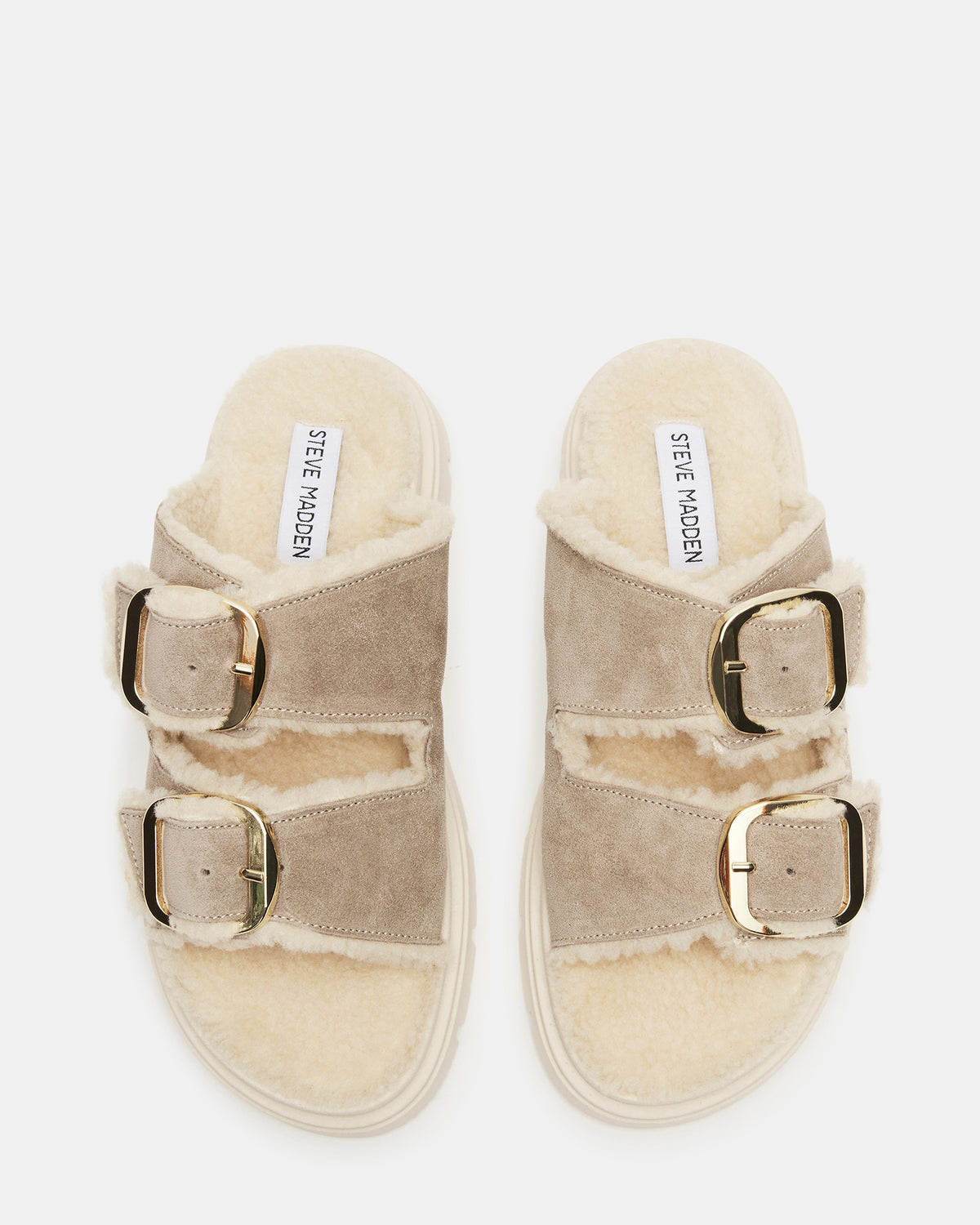 SNUGGLE Sand Suede Faux Fur Slide | Women's Flats - Steve Madden