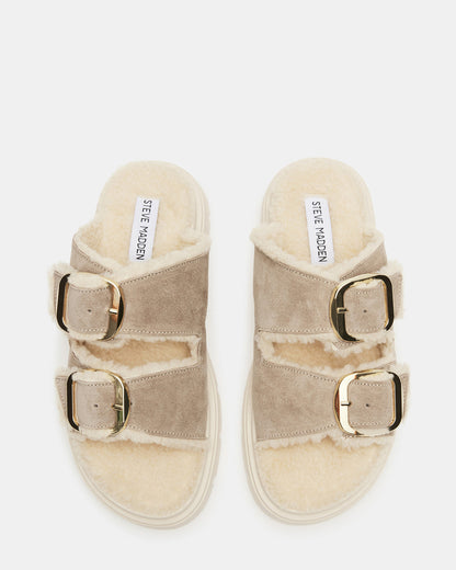 SNUGGLE Sand Suede Faux Fur Slide | Women's Flats - Steve Madden