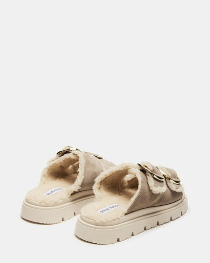 SNUGGLE Sand Suede Faux Fur Slide | Women's Flats - Steve Madden