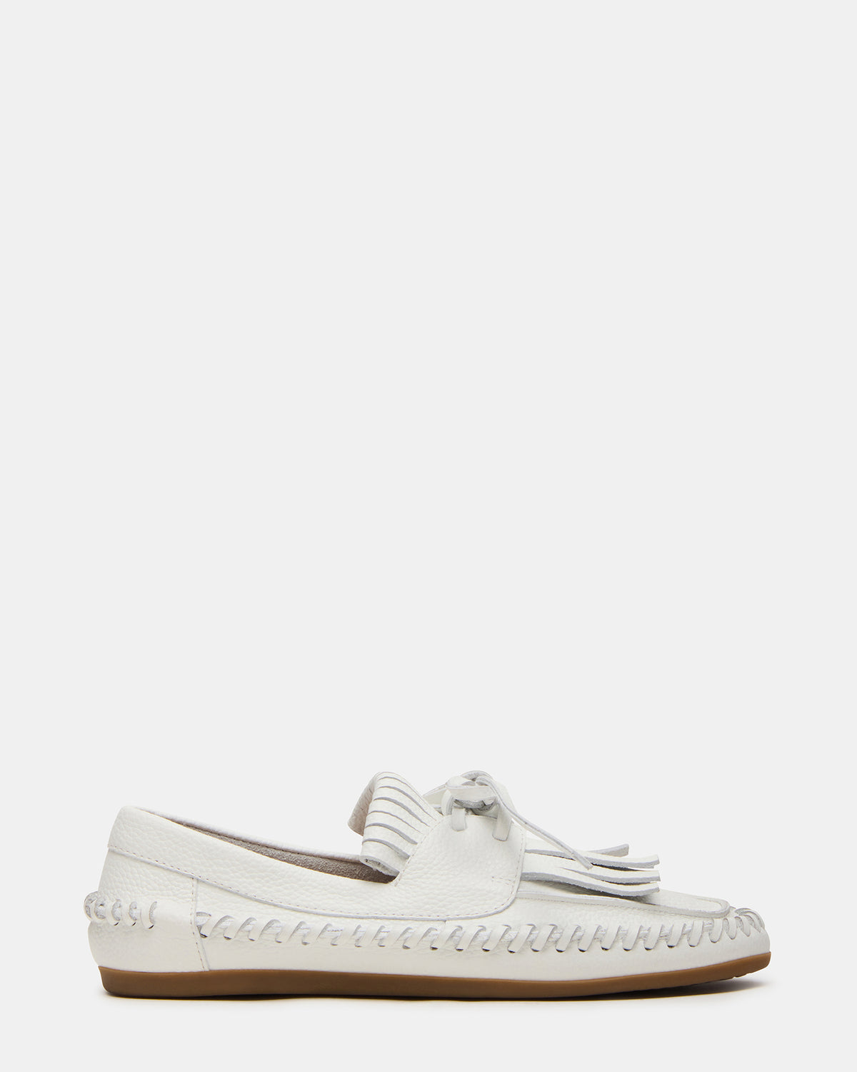SAMUAL White Leather Fringe Boat Women's Loafer - Steve Madden