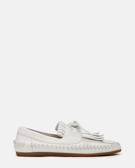 SAMUAL White Leather Fringe Boat Women's Loafer - Steve Madden