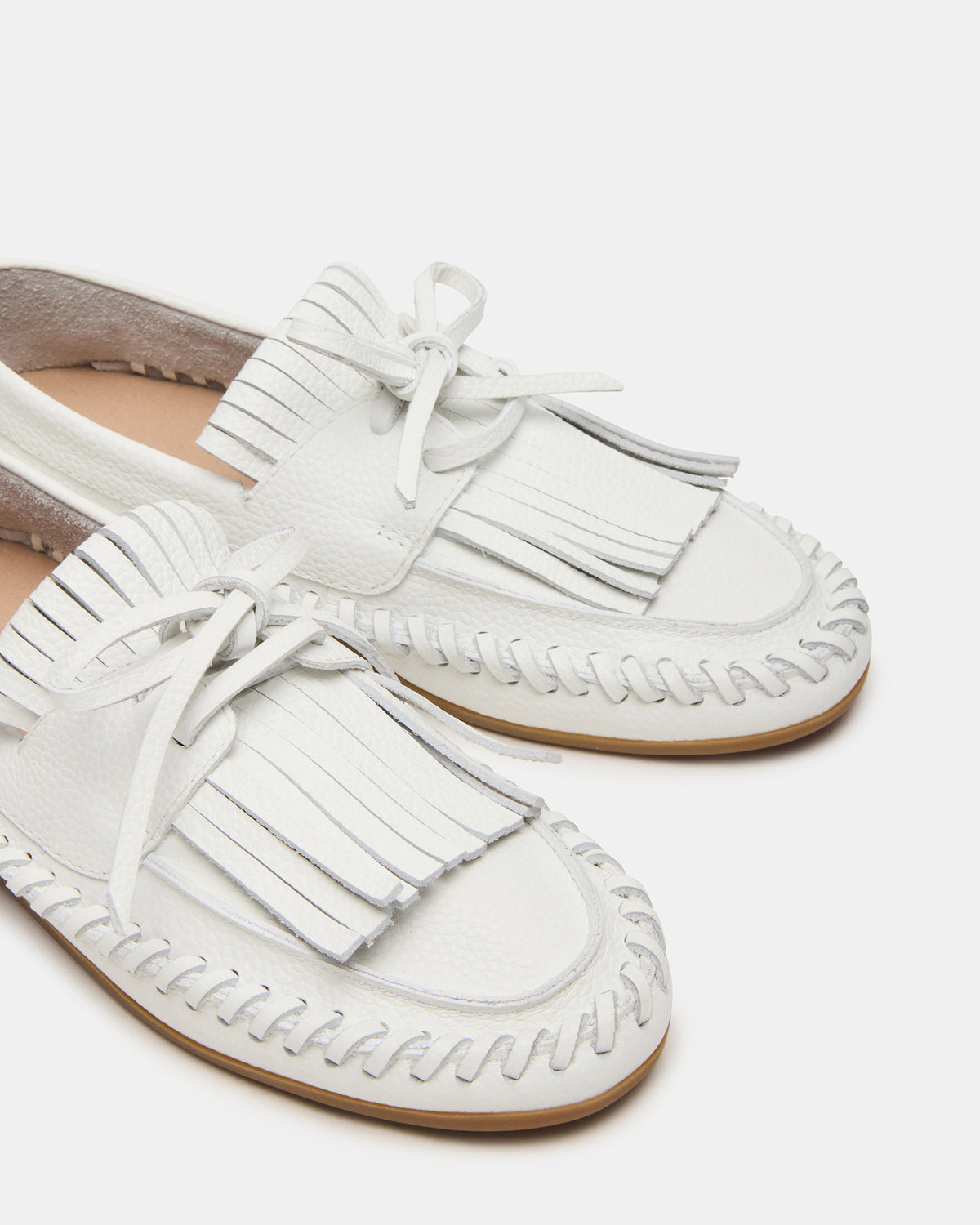 SAMUAL White Leather Fringe Boat Women's Loafer - Steve Madden