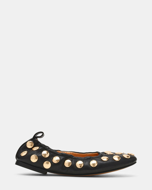 LANTA Black Leather Studded Gold-Detail Round-Toe Women's Flat - Steve Madden