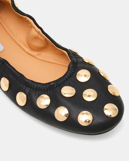 LANTA Black Leather Studded Gold-Detail Round-Toe Women's Flat - Steve Madden