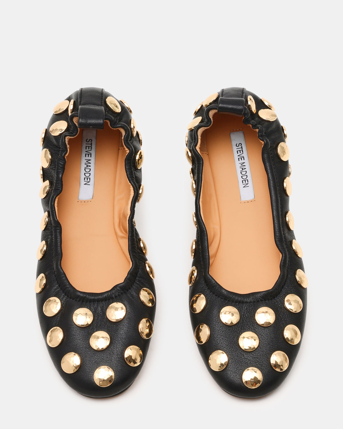 LANTA Black Leather Studded Gold-Detail Round-Toe Women's Flat - Steve Madden
