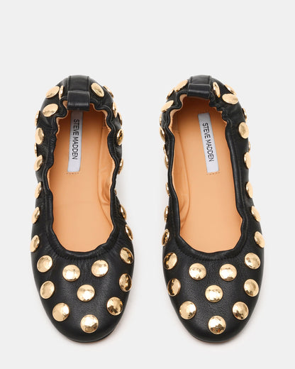 LANTA Black Leather Studded Gold-Detail Round-Toe Women's Flat - Steve Madden