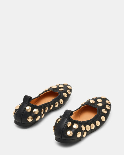 LANTA Black Leather Studded Gold-Detail Round-Toe Women's Flat - Steve Madden