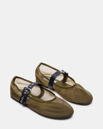 MITSY Olive/Black Mary Jane Mesh Ballet Women's Flat - Steve Madden