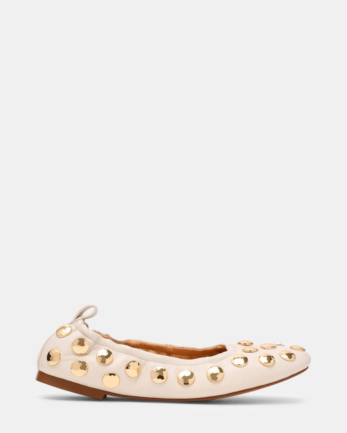 LANTA White Leather Studded Gold-Detail Round-Toe Women's Flat - Steve Madden
