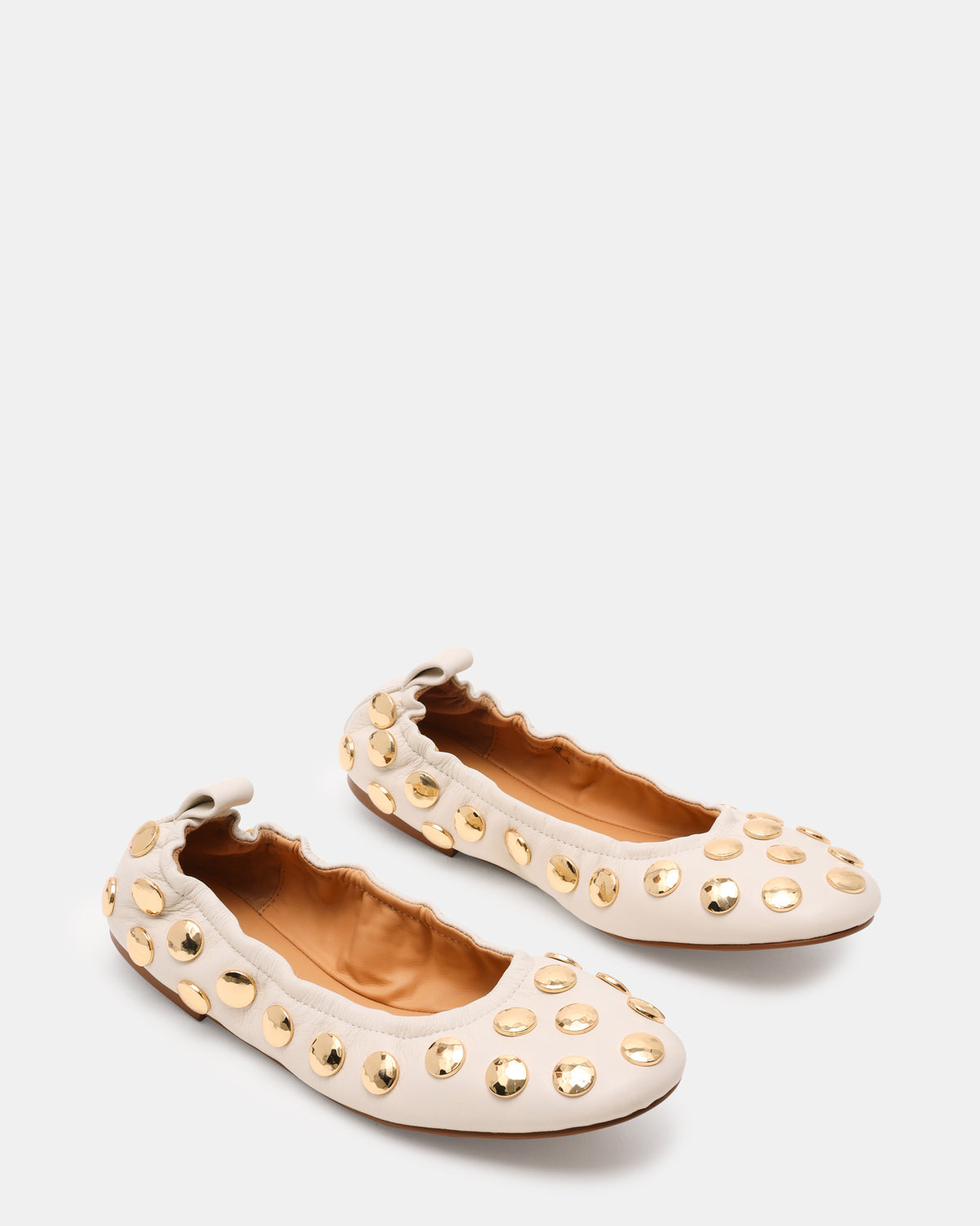 LANTA White Leather Studded Gold-Detail Round-Toe Women's Flat - Steve Madden