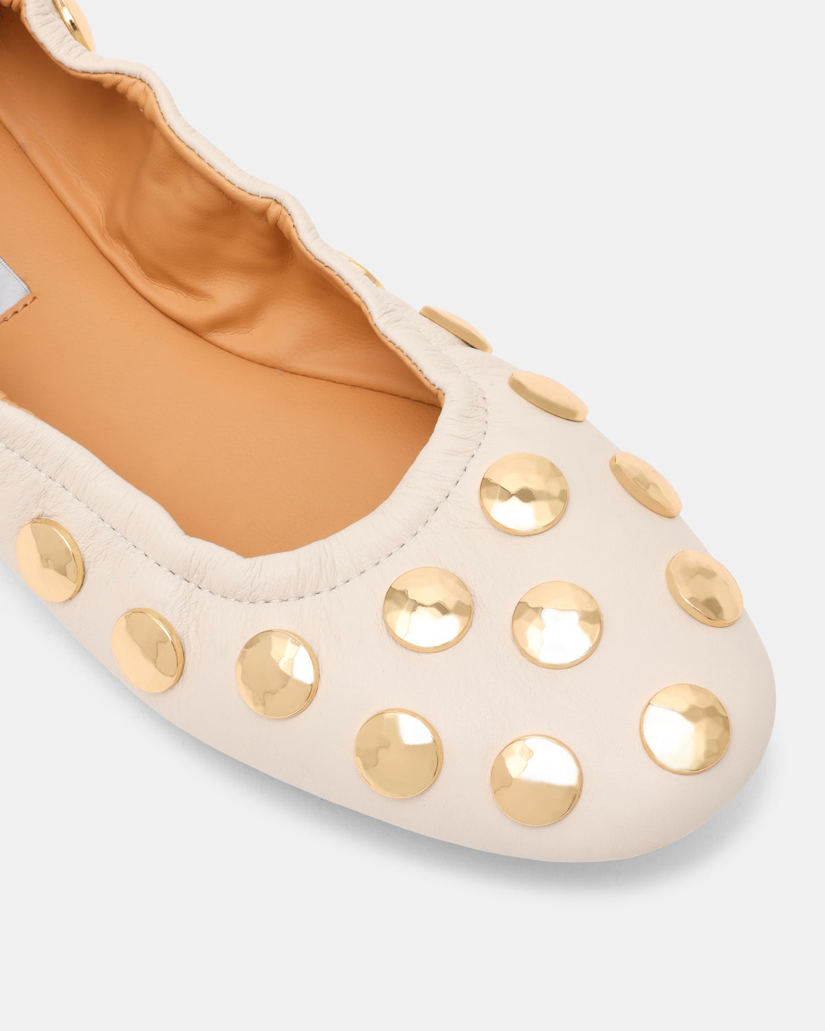 LANTA White Leather Studded Gold-Detail Round-Toe Women's Flat - Steve Madden
