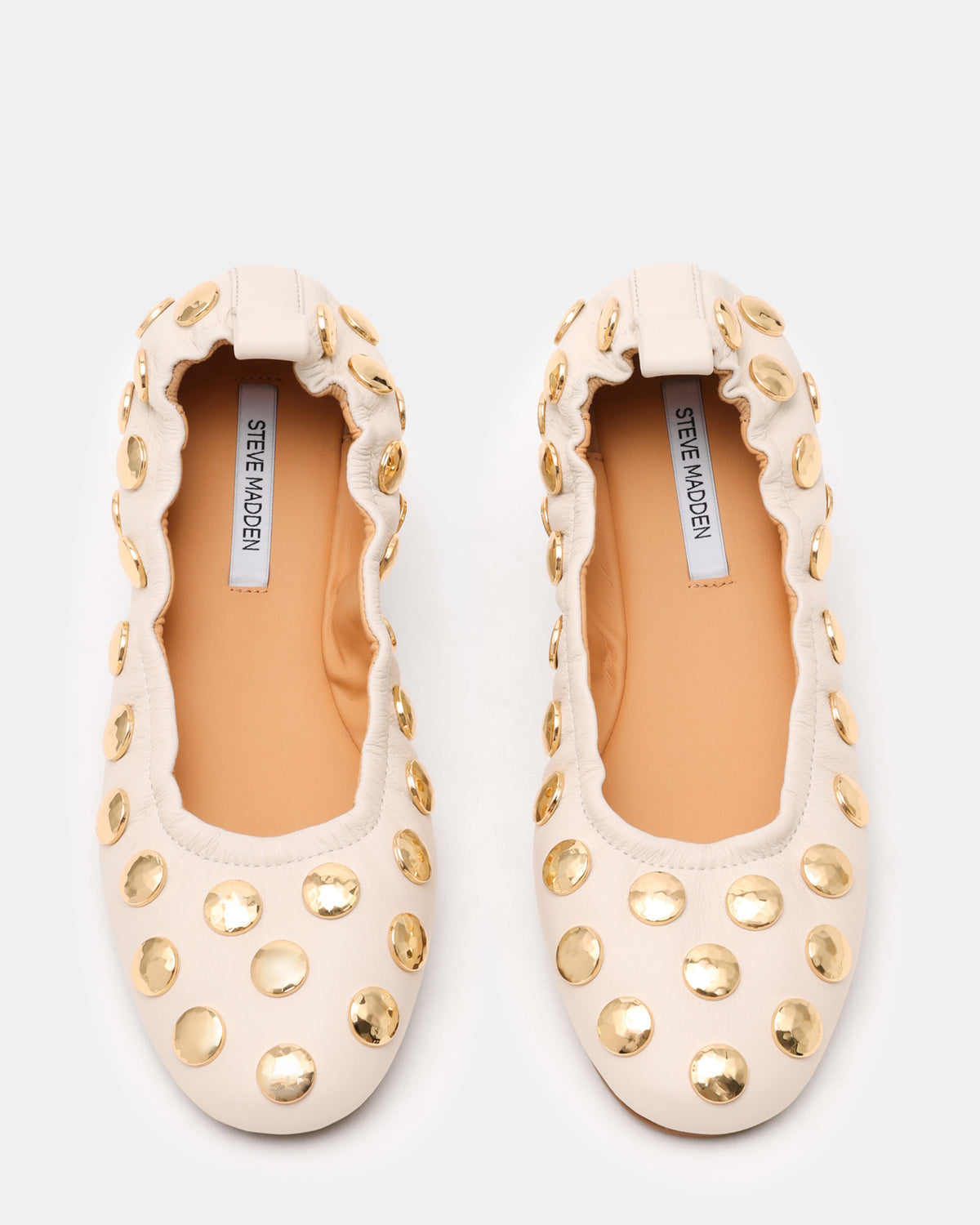 LANTA White Leather Studded Gold-Detail Round-Toe Women's Flat - Steve Madden