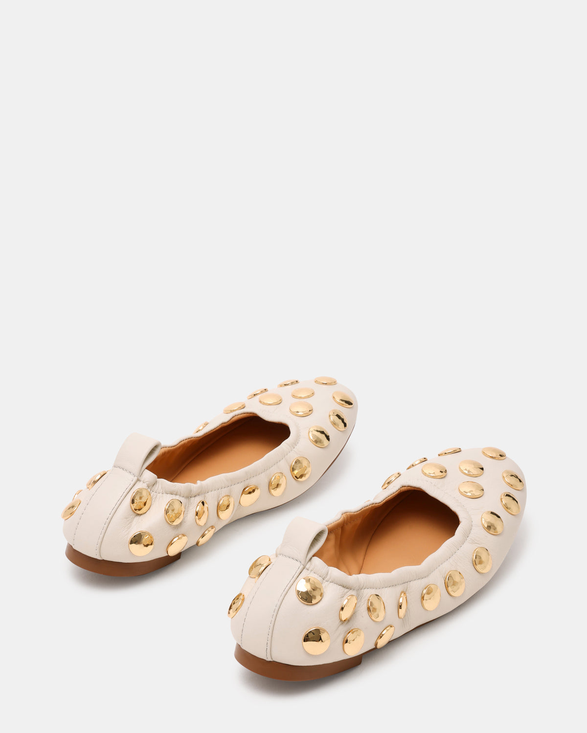 LANTA White Leather Studded Gold-Detail Round-Toe Women's Flat - Steve Madden