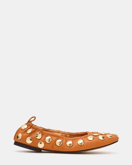 LANTA Tan Leather Studded Gold-Detail Round-Toe Women's Flat - Steve Madden