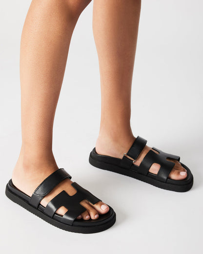 MAYVEN Black Leather Flatform Slide Women's Sandal - Steve Madden