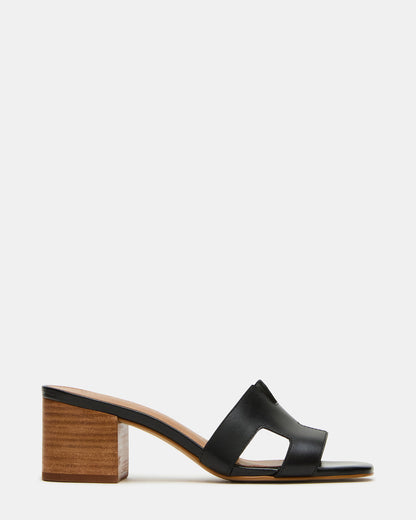 HANA Black Leather Square-Toe Mule Block Heel Women's Sandal - Steve Madden