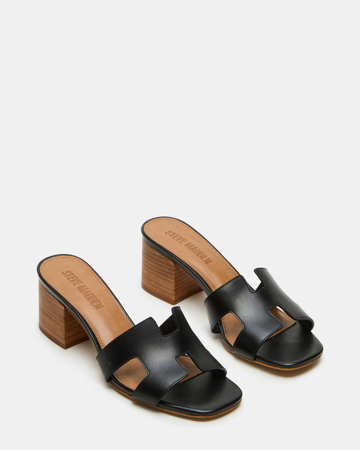 HANA Black Leather Square-Toe Mule Block Heel Women's Sandal - Steve Madden